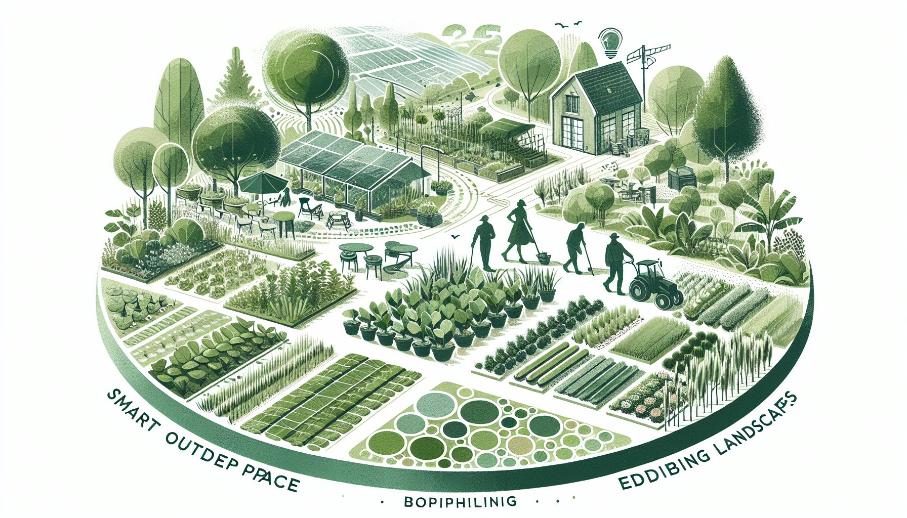 Landscaping trends 2025 featuring sustainable designs, biophilic elements, smart gardening tech, and edible landscapes.