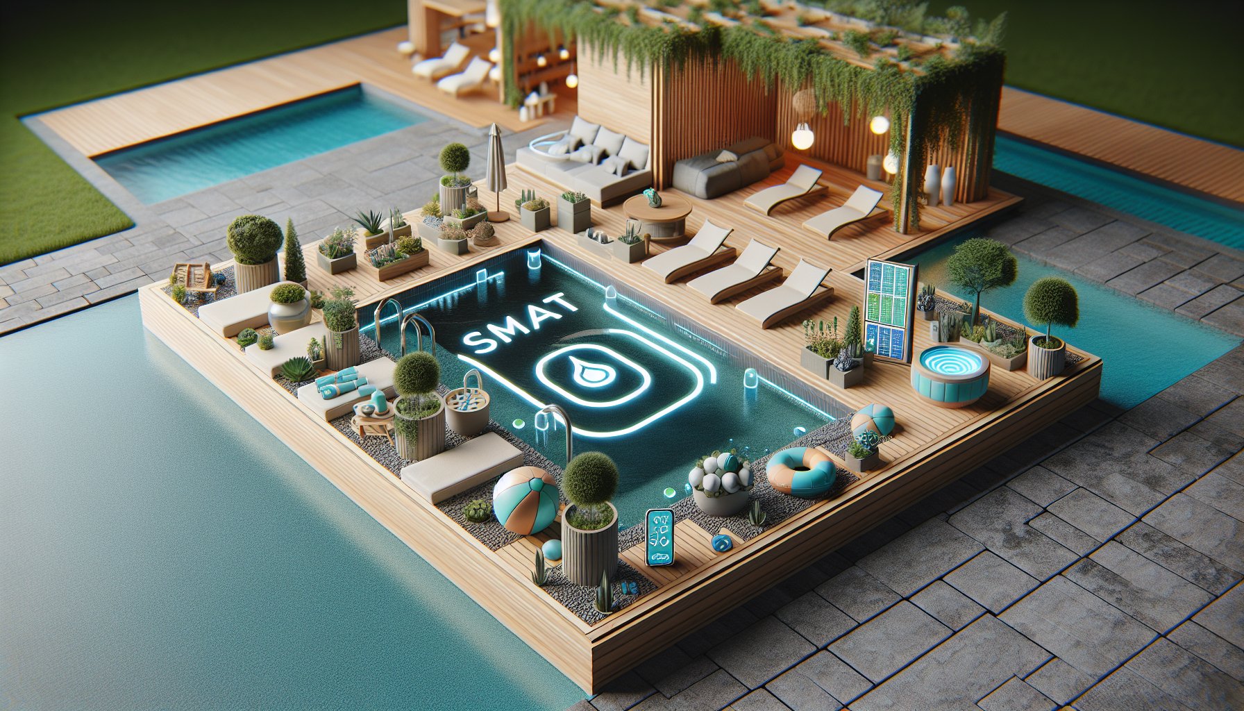 Luxury pool accessories featuring smart technology and sustainable solutions for an eco-friendly backyard spa retreat.