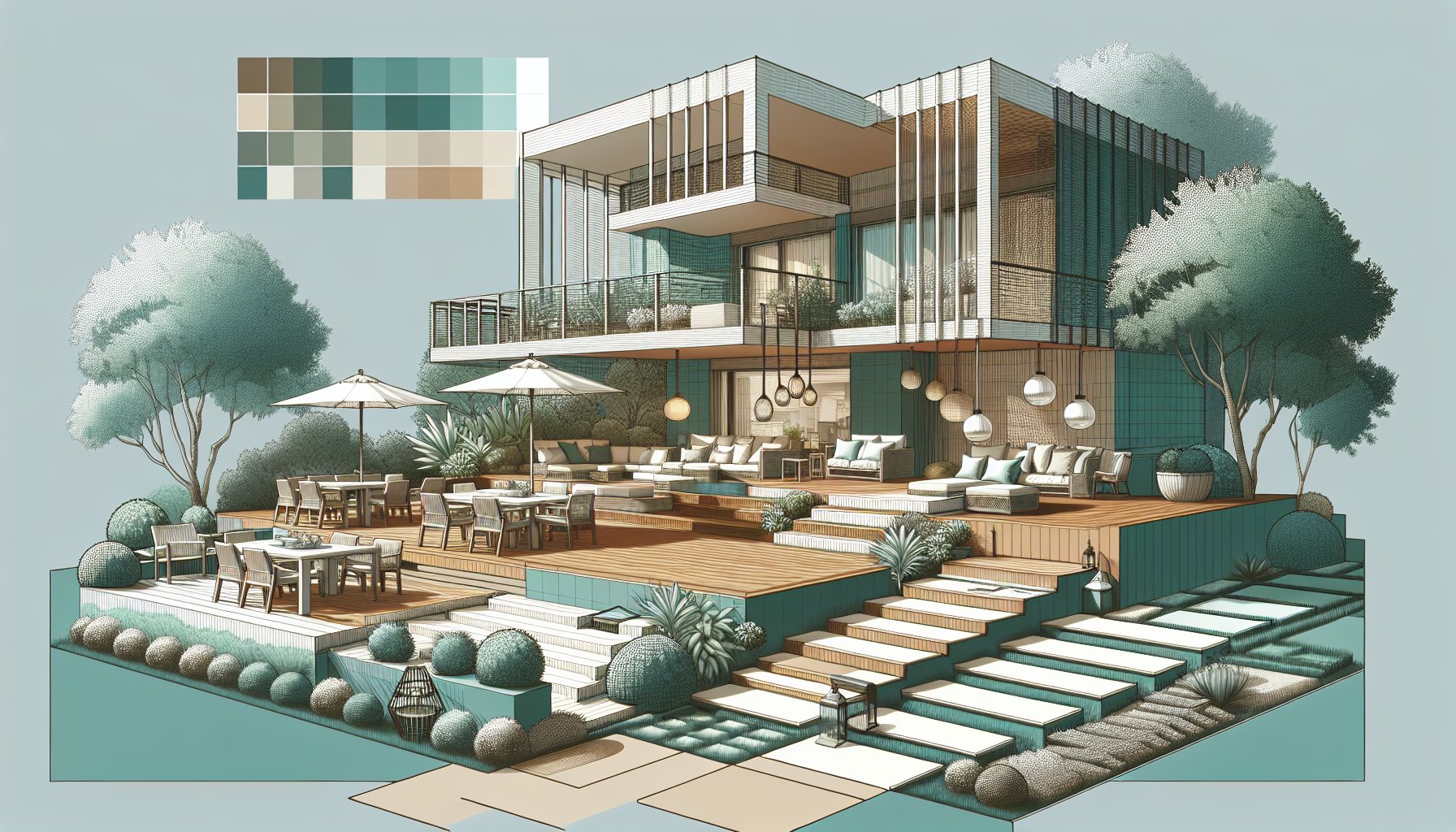 Stylish layered patio design showcasing sustainable materials, multi-level features, and outdoor lighting solutions for outdoor living.