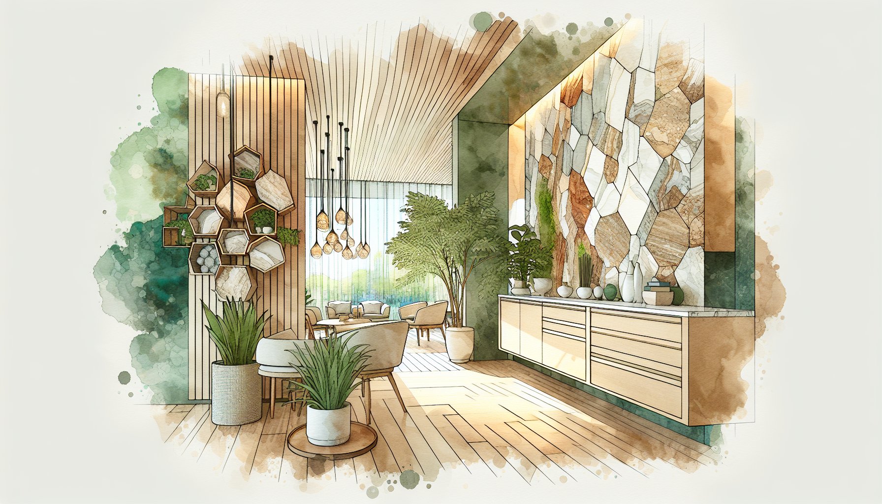 Natural stone in modern interiors, showcasing 2025 trends of sustainable design and biophilic elegance.