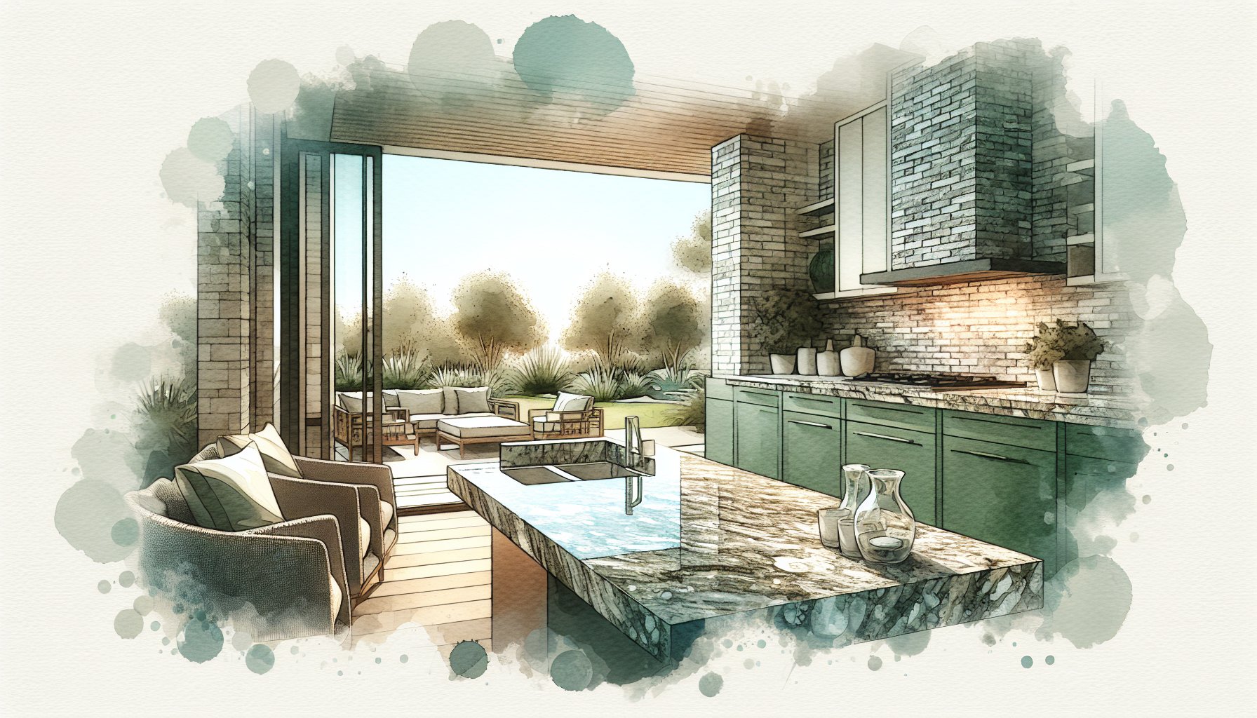 Granite countertops and natural stone designs enhance outdoor living spaces with sustainable materials and personalized aesthetics.