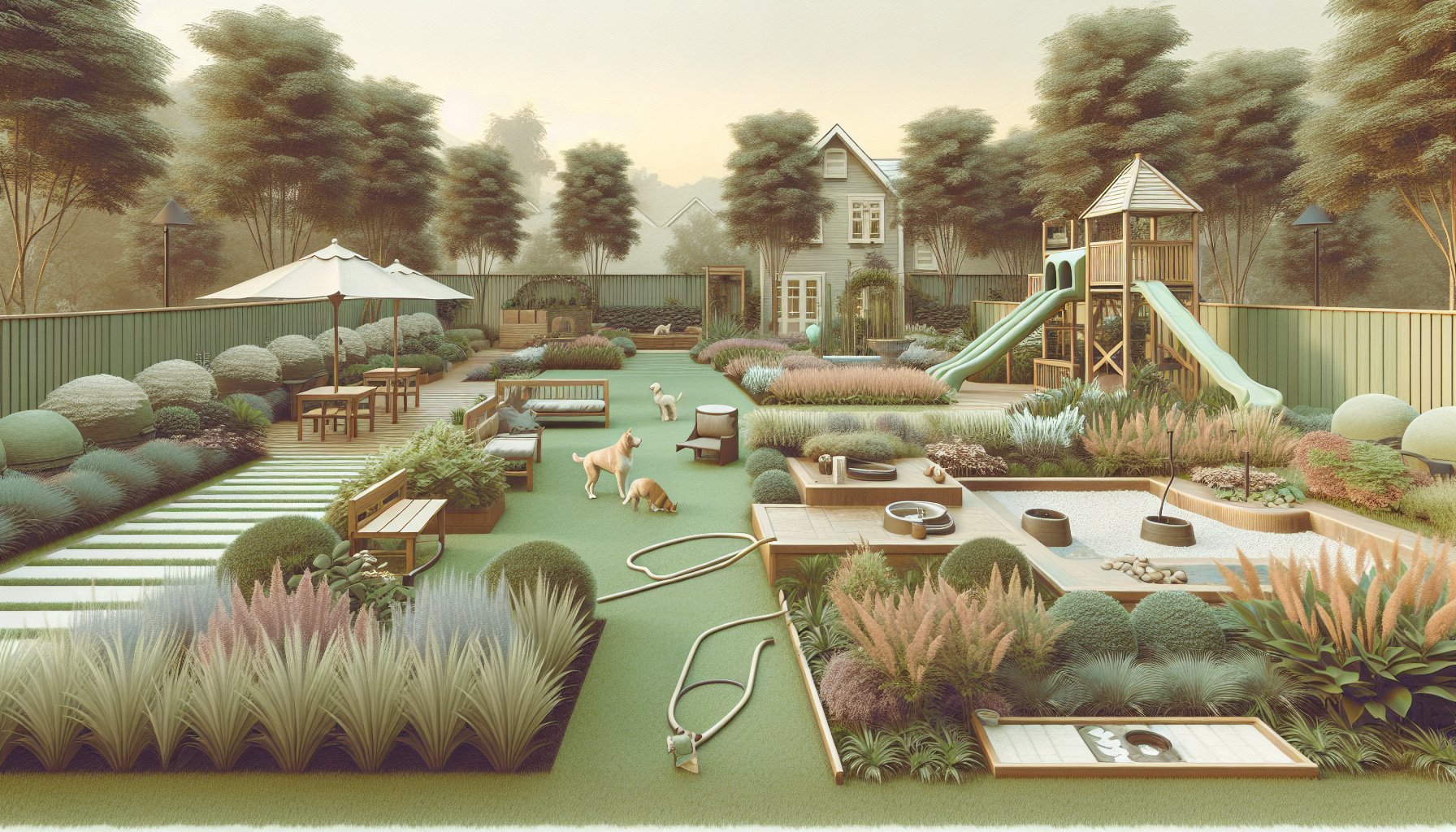 Pet-friendly landscaping with non-toxic plants, durable materials, and smart irrigation for a sensory-rich environment.