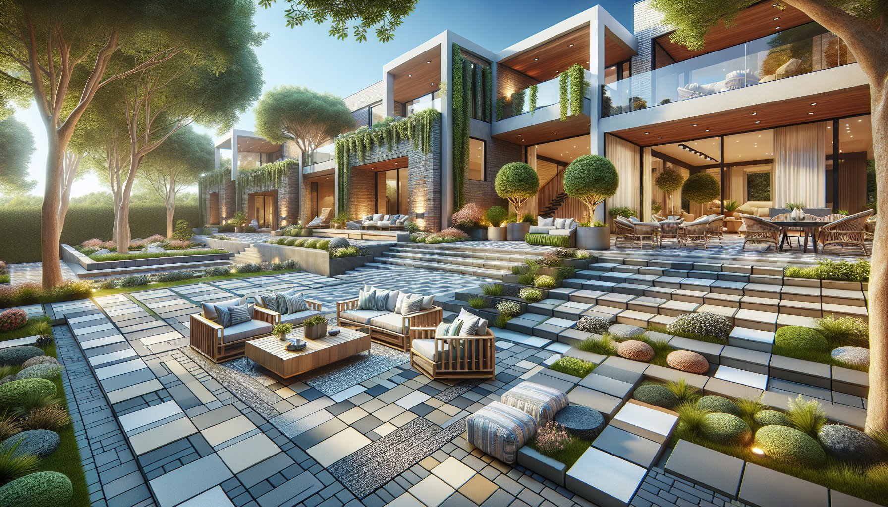 Creative patio design ideas featuring durable, eco-friendly pavers in multi-level layouts for stunning outdoor living spaces.