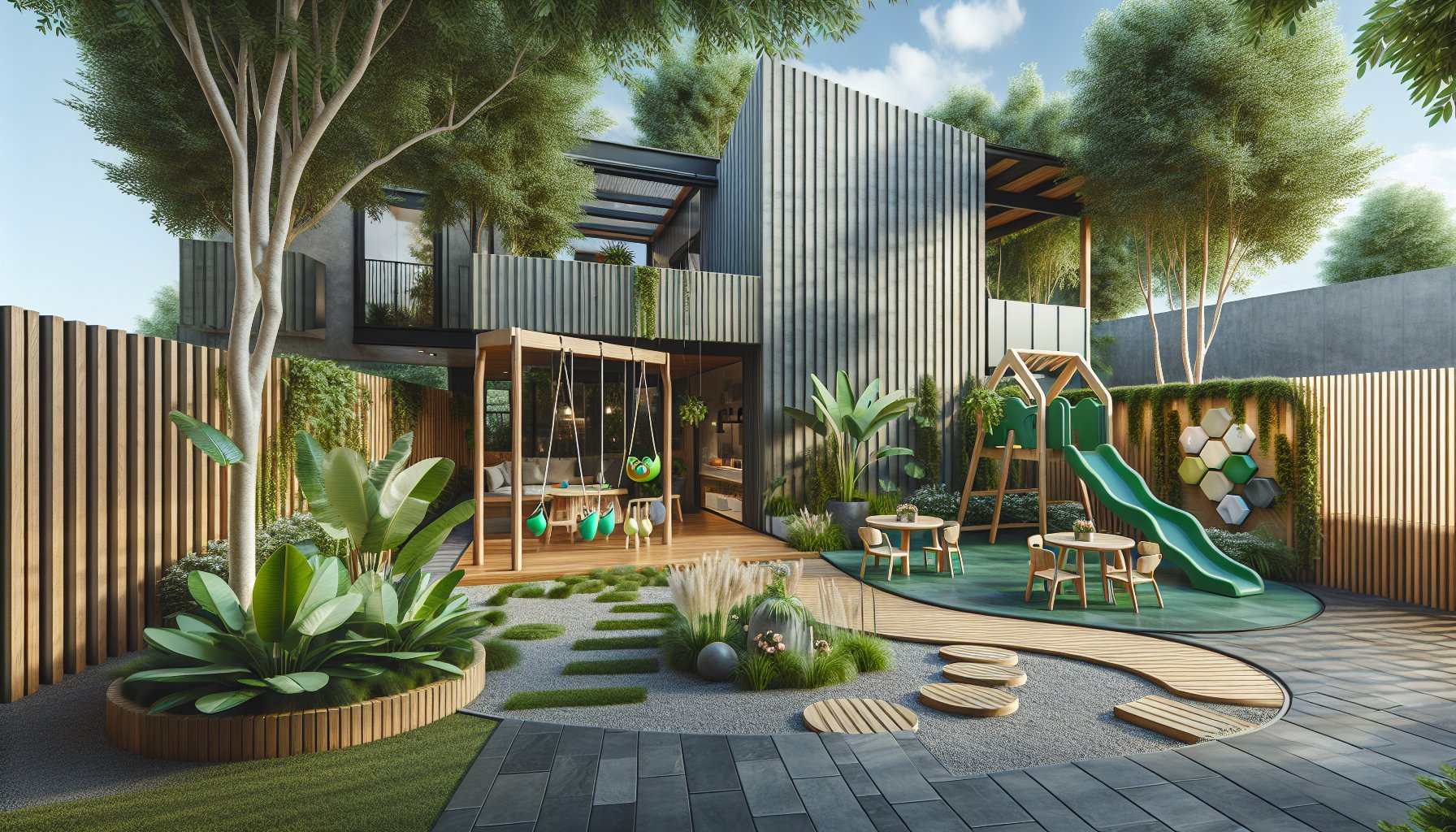 Backyard play area showcasing family-friendly design with eco-friendly gardening for safe outdoor play spaces.