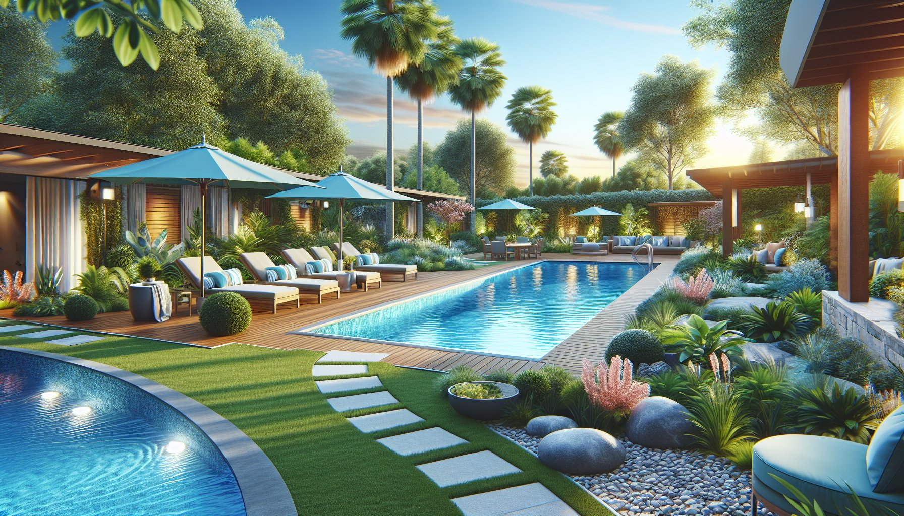 Custom pool design with integrated landscaping, creating a sustainable outdoor oasis for a perfect backyard retreat.