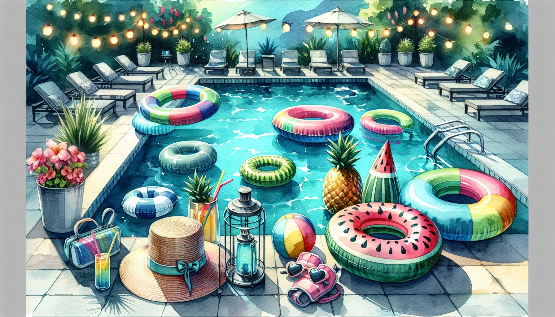 10 essential poolside accessories for summer fun, including inflatable floats, outdoor lighting, and safety gear.