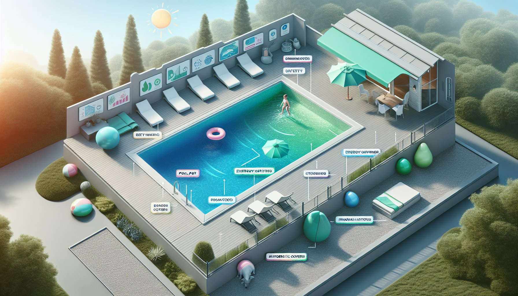 Infographic debunking pool cover myths, highlighting benefits for safety, energy savings, and environmental impact.