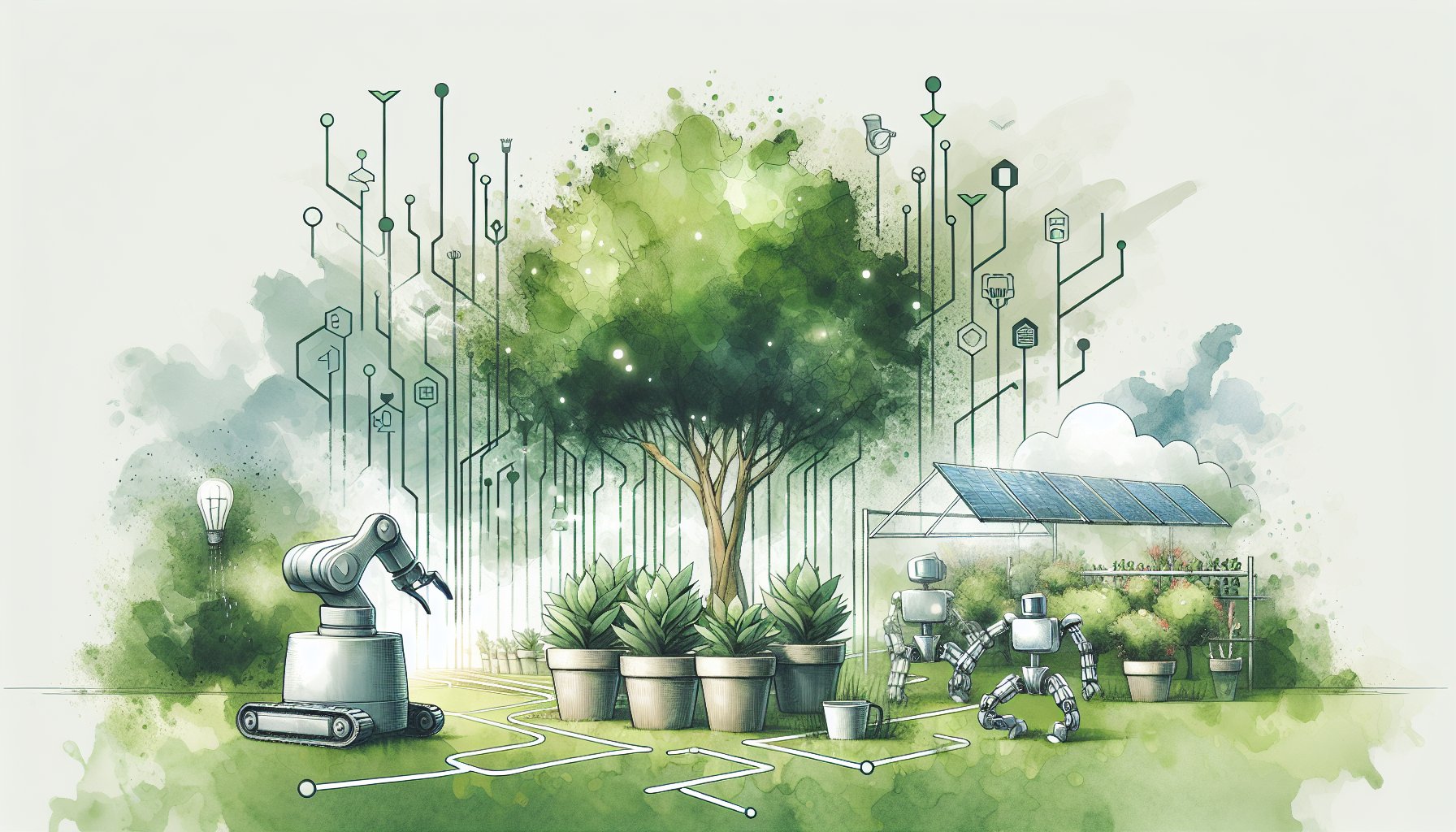 Smart landscaping with eco-friendly tech, customizable design apps, robotic gardening, and smart irrigation systems for outdoor enhancement.