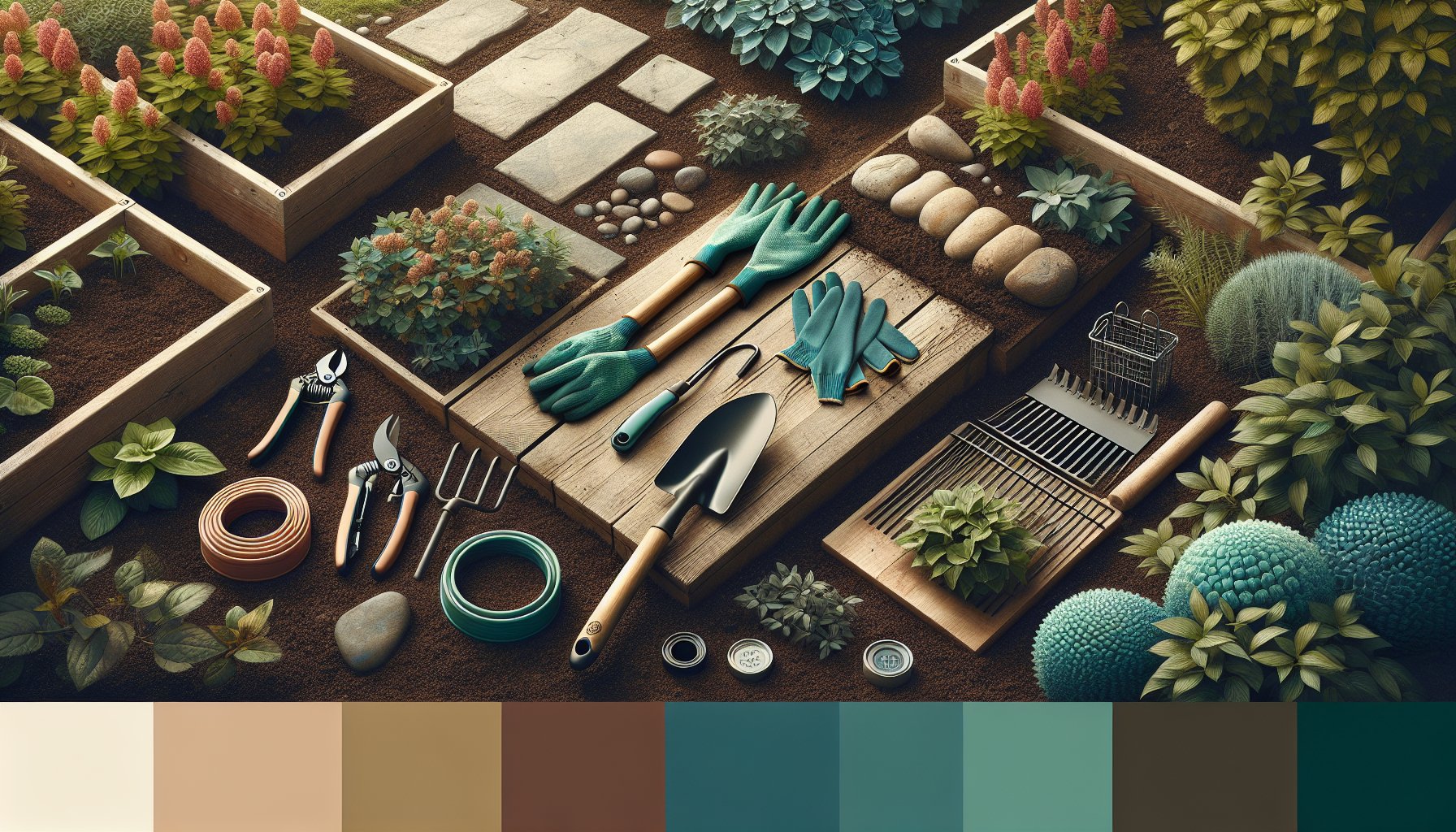 Essential DIY landscaping tools for beginner gardeners, focusing on soil health, hardscaping elements, and garden aesthetics.