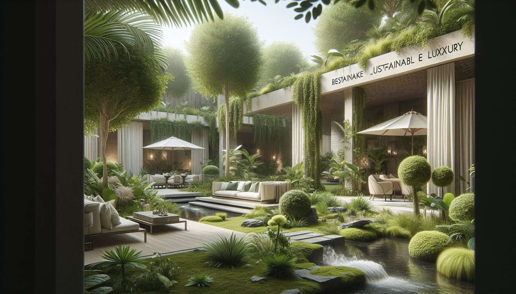Luxury landscaping showcasing bespoke garden design with exotic plants for sustainable outdoor living spaces.