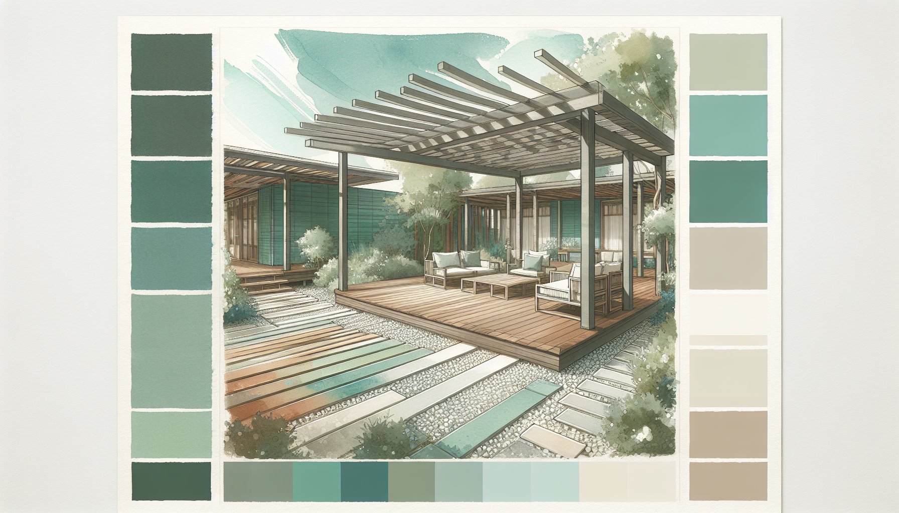 Eco-friendly patio materials like reclaimed wood, bamboo decking, and permeable concrete for sustainable outdoor living.