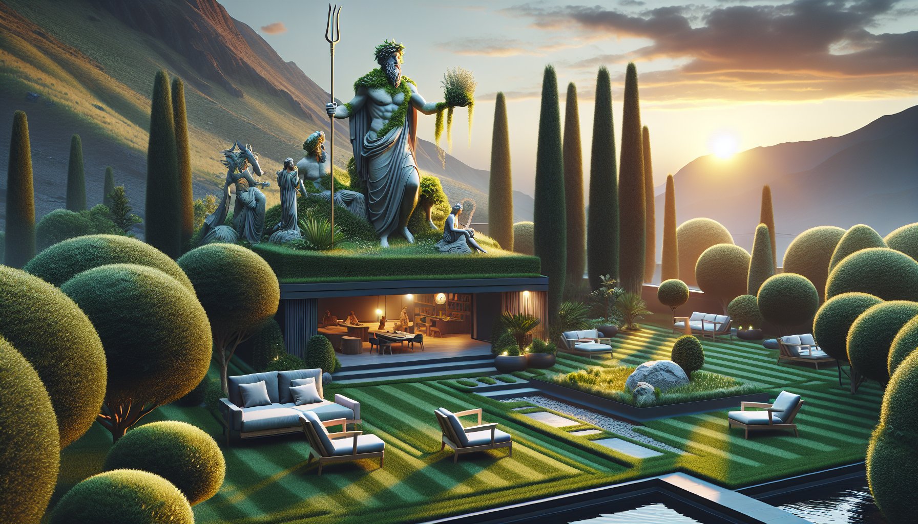 Illustration debunking landscaping myths about artificial grass, eco-friendly fertilizers, and DIY vs. professional practices.