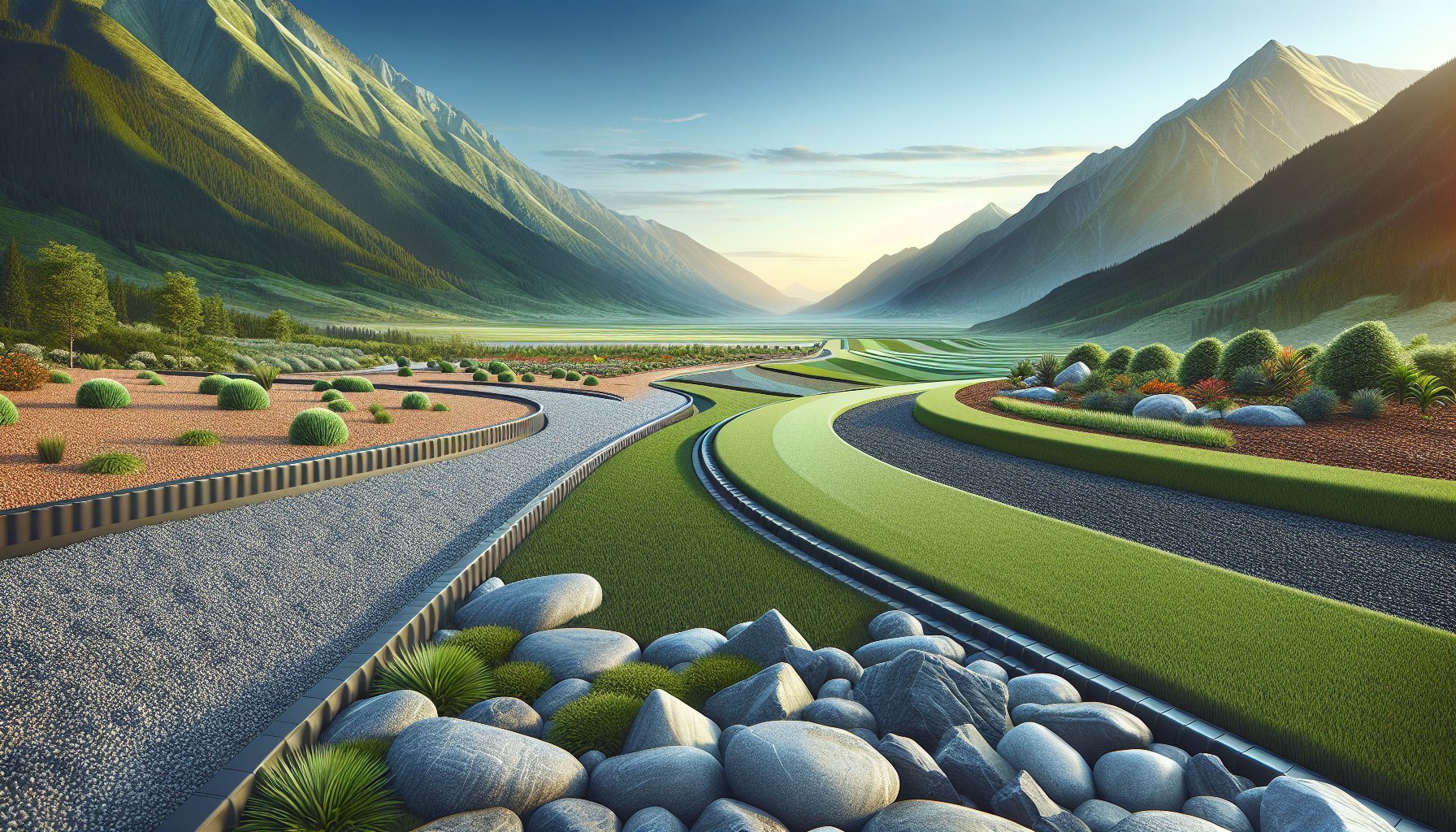 Durable landscape products for high-traffic areas: decomposed granite, crushed stone, and artificial turf options.