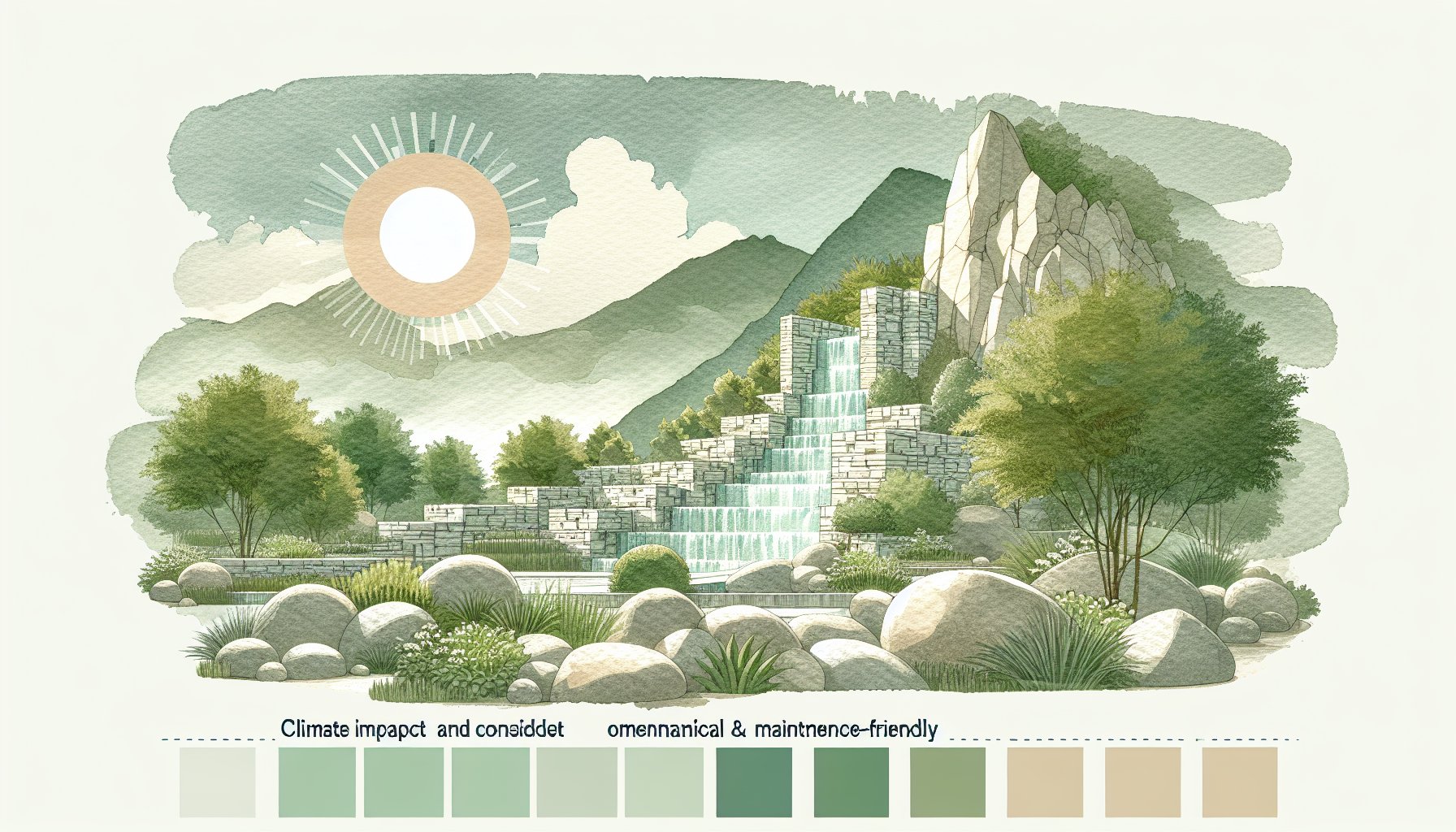 Guide to choosing natural stone for landscaping, covering climate, eco-friendly options, budget tips, and maintenance.