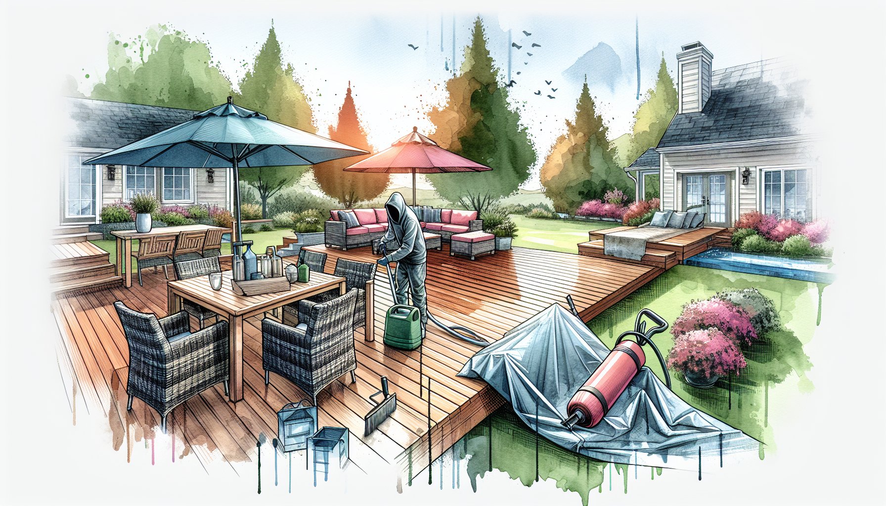 Guide to maintaining patio materials, including composite decking care and outdoor furniture protection for seasonal upkeep.