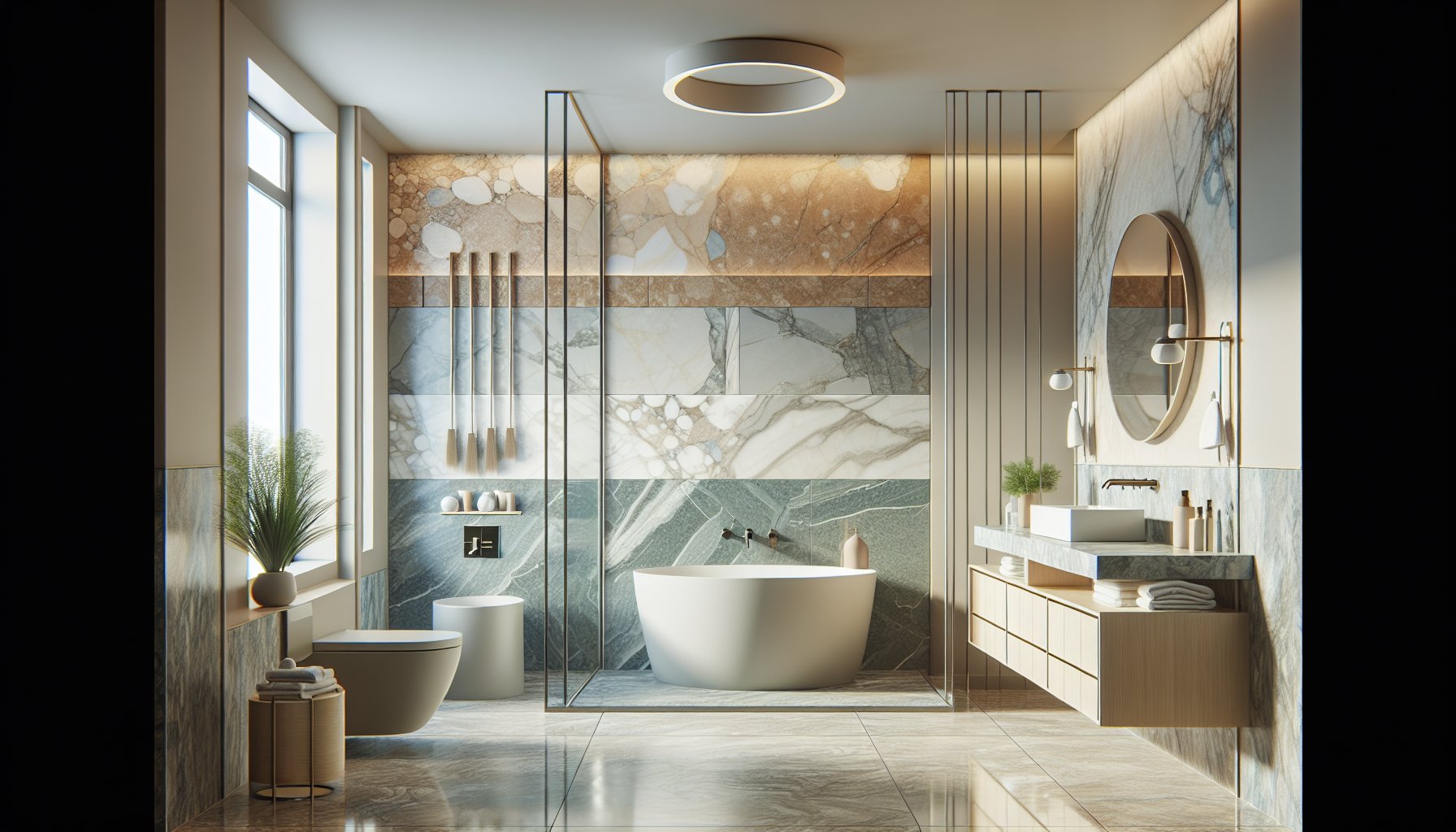 Choosing natural stone like marble, granite, or quartzite for a sustainable bathroom remodel with design and maintenance tips.