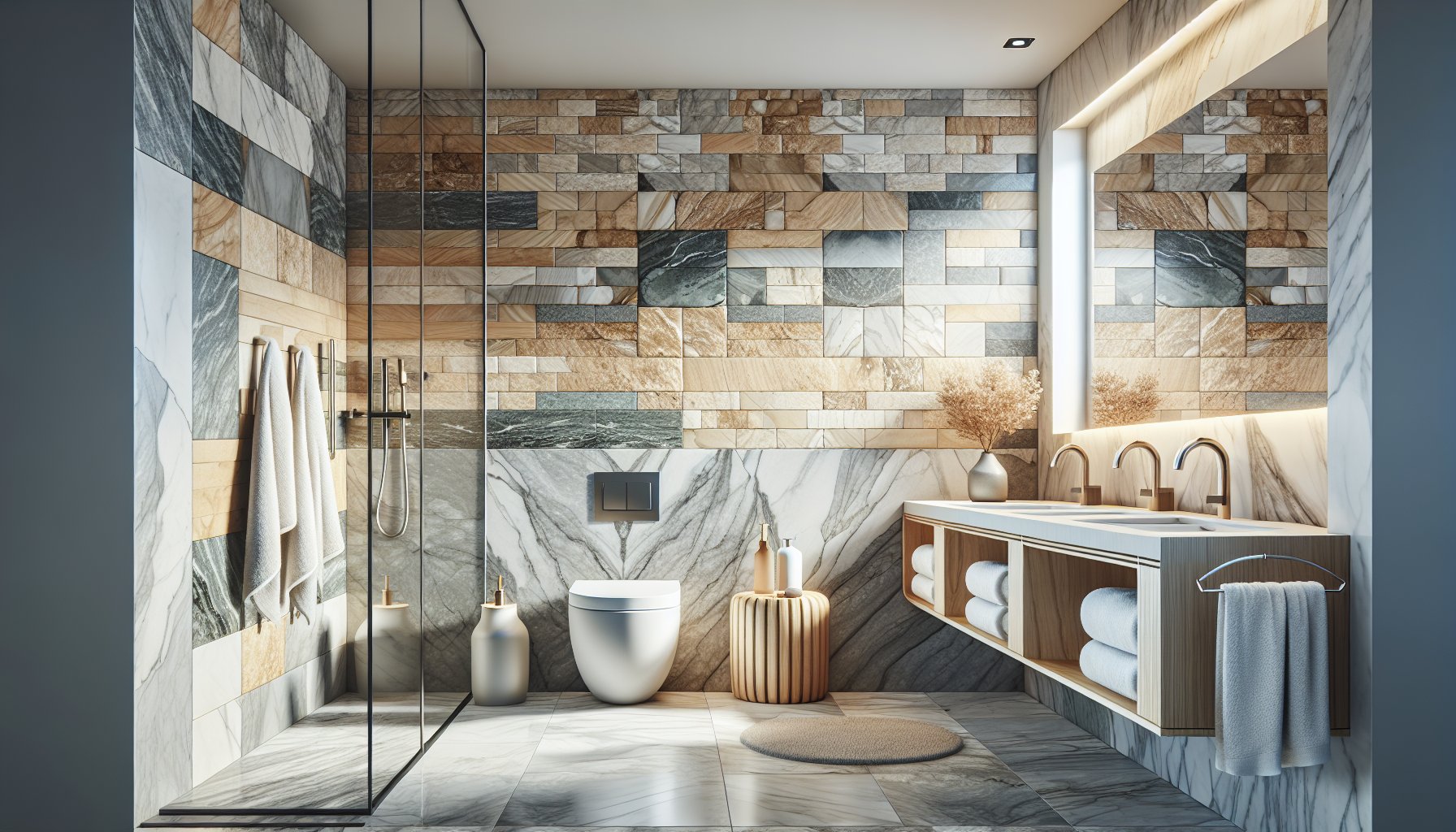 Natural stone bathroom remodel guide featuring marble, granite, travertine, and slate for eco-friendly design trends.