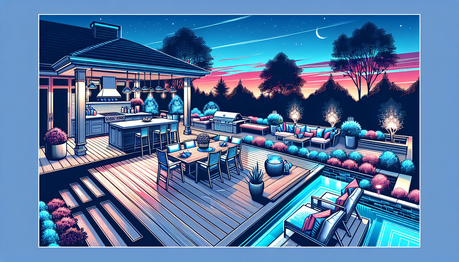 Luxury deck installation showcasing outdoor kitchen design, sophisticated lighting, integrated seating, and smart home technology.