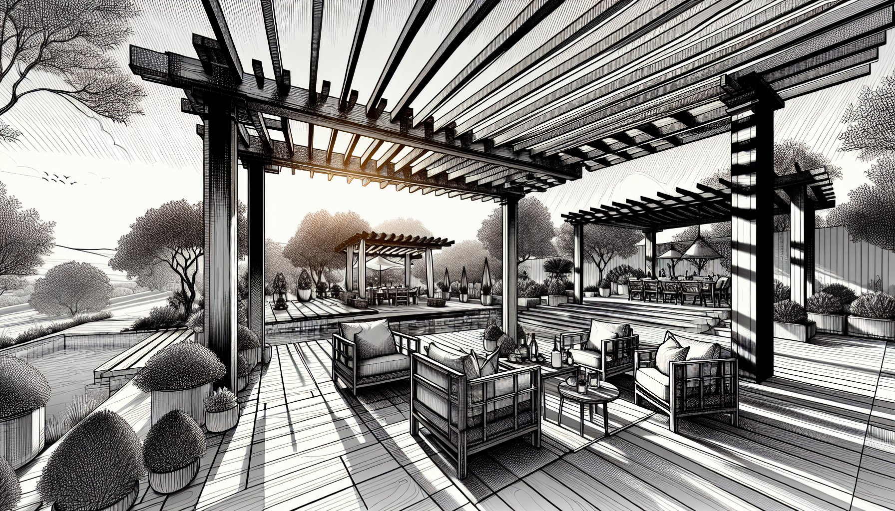 Custom pergola showcasing unique materials for outdoor living spaces in Austin home design with sustainable options.