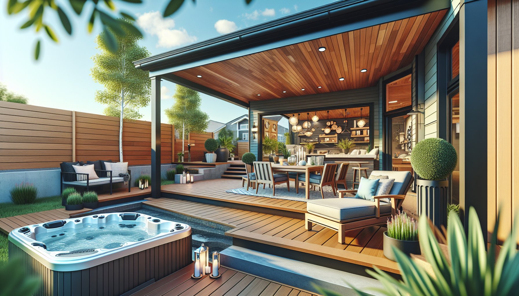 Custom deck showcasing unique designs, built-in hot tub, enhancing outdoor living and creating a backyard oasis.