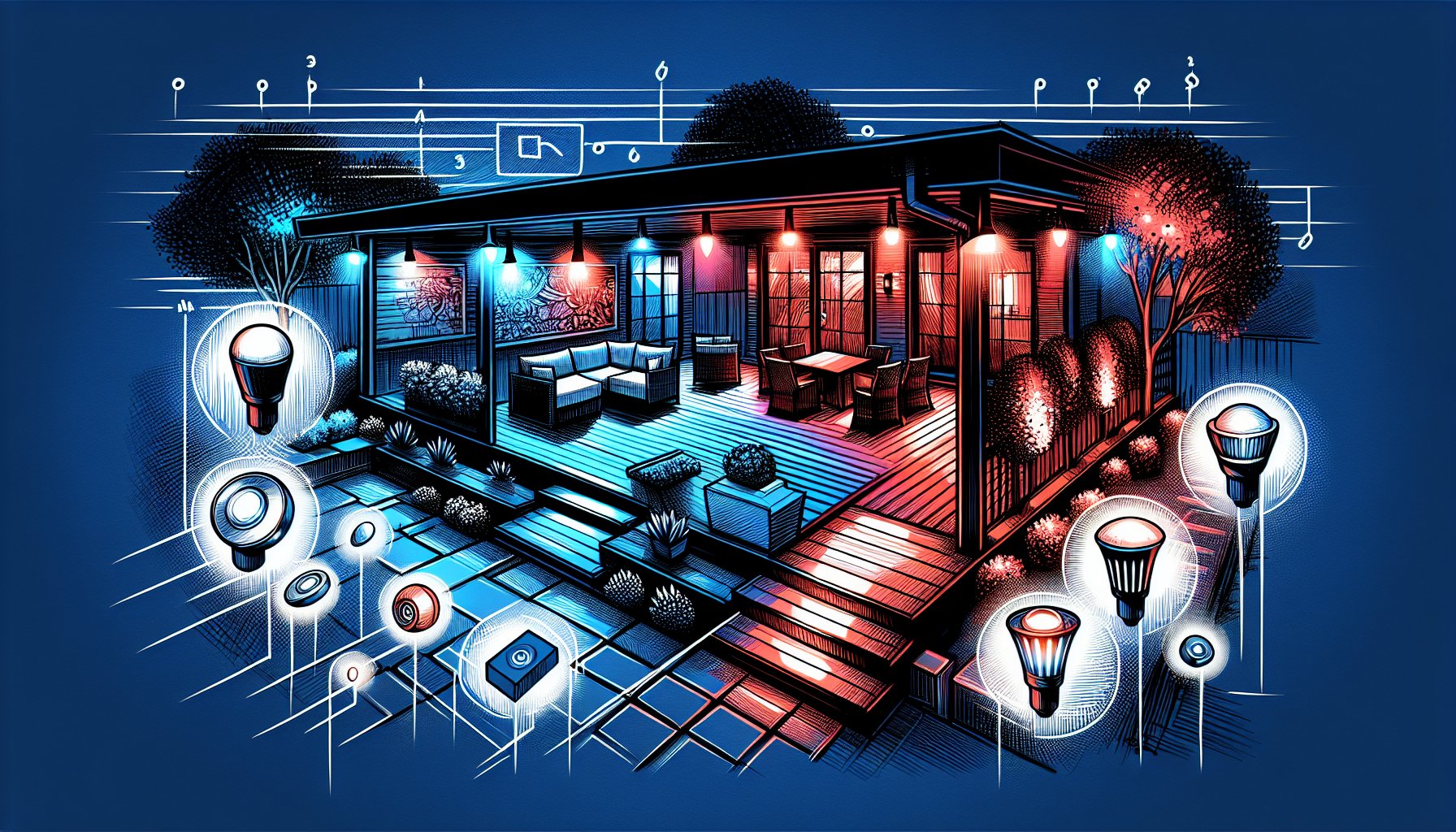 Custom deck lighting ideas showcasing ambient lighting design and smart lighting solutions for enhancing outdoor living spaces.