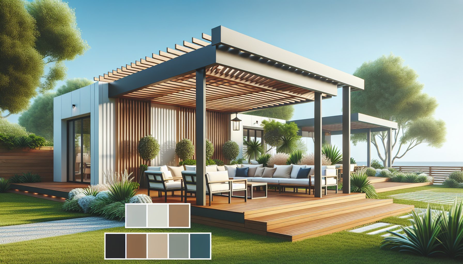 Pergola maintenance tips for 2025, featuring adjustable louvers for enhanced outdoor aesthetics by Custom Decks of Iowa.