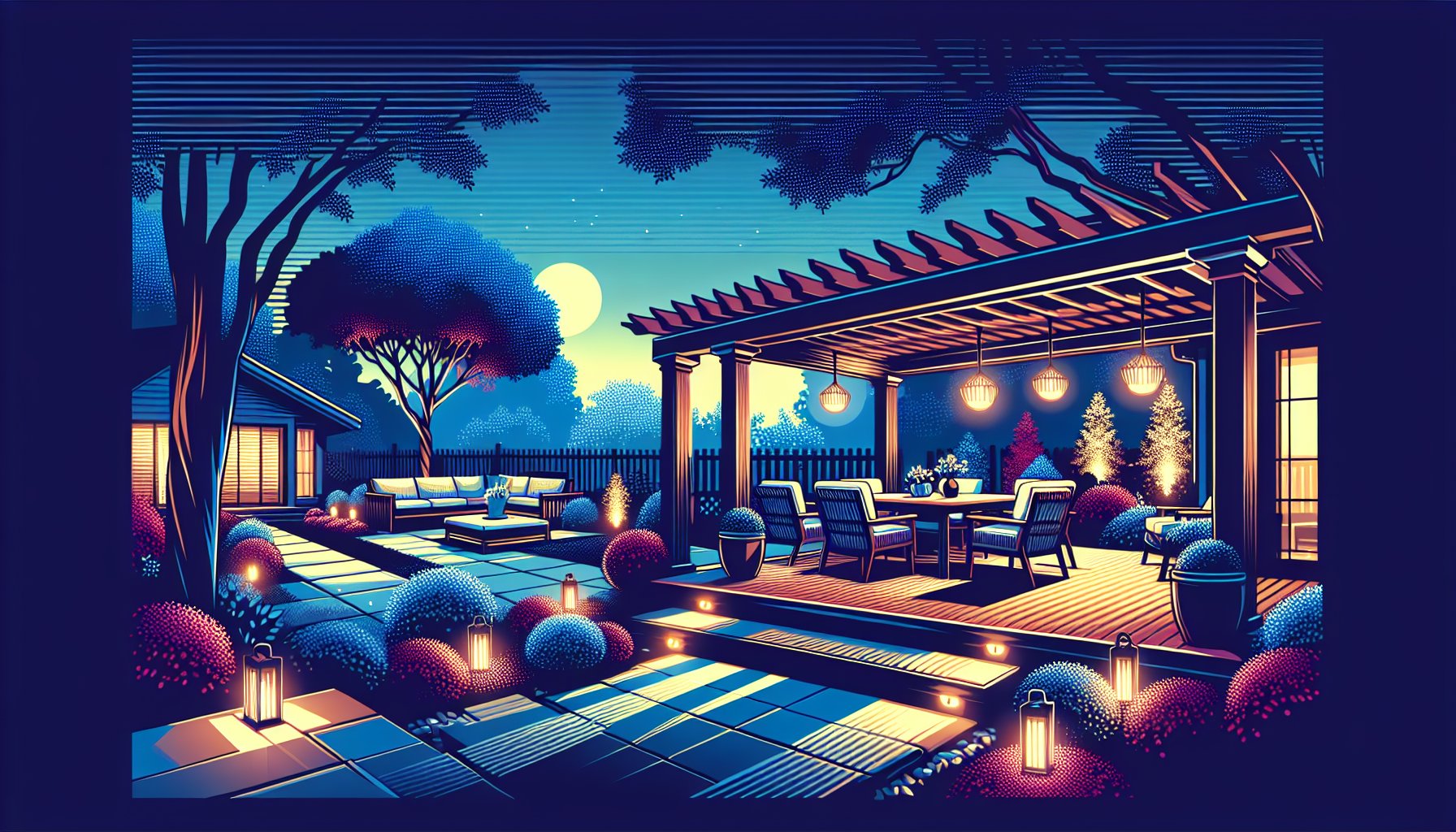 Elegant pergola lighting ideas for outdoor oases, enhancing ambient illumination in outdoor living spaces by Custom Decks of Iowa.
