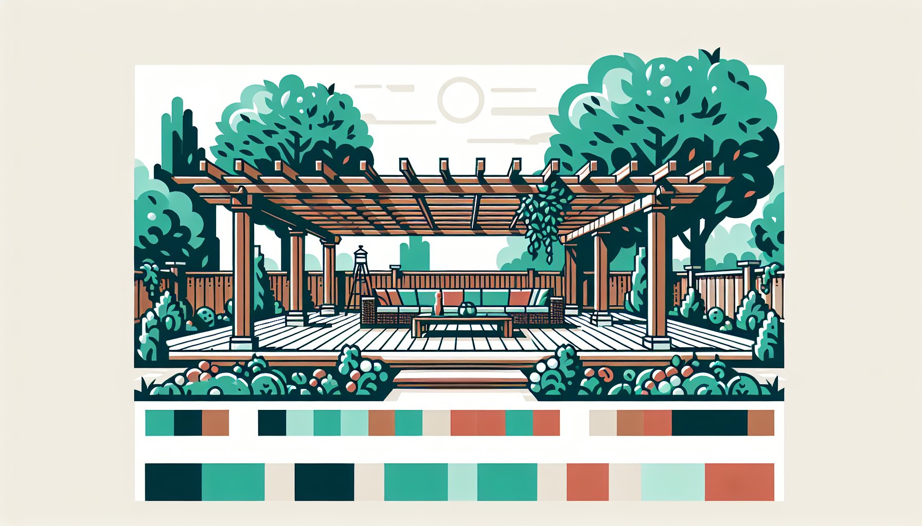 A stylish pergola enhances a backyard sanctuary, creating an inviting outdoor living space in a garden oasis by Custom Decks of Iowa.