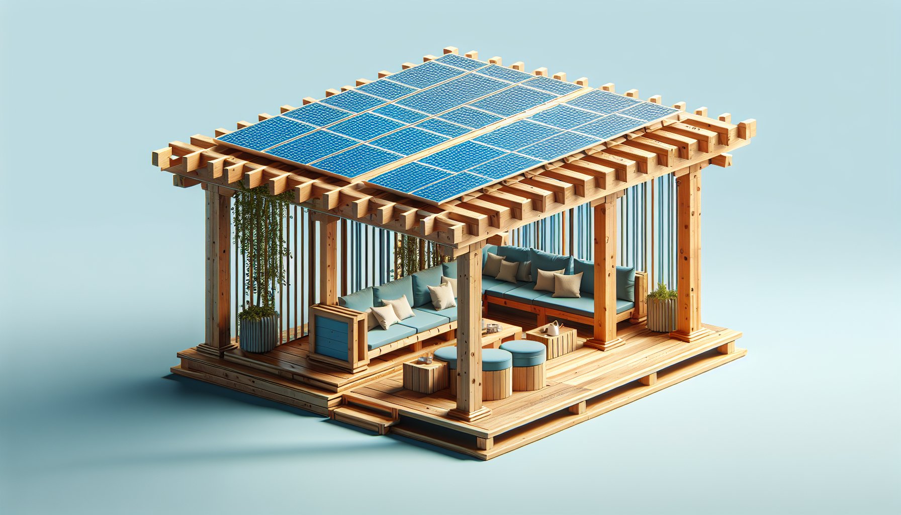 Eco-friendly pergola made from reclaimed wood with solar panels, creating a sustainable outdoor sanctuary for gardens.