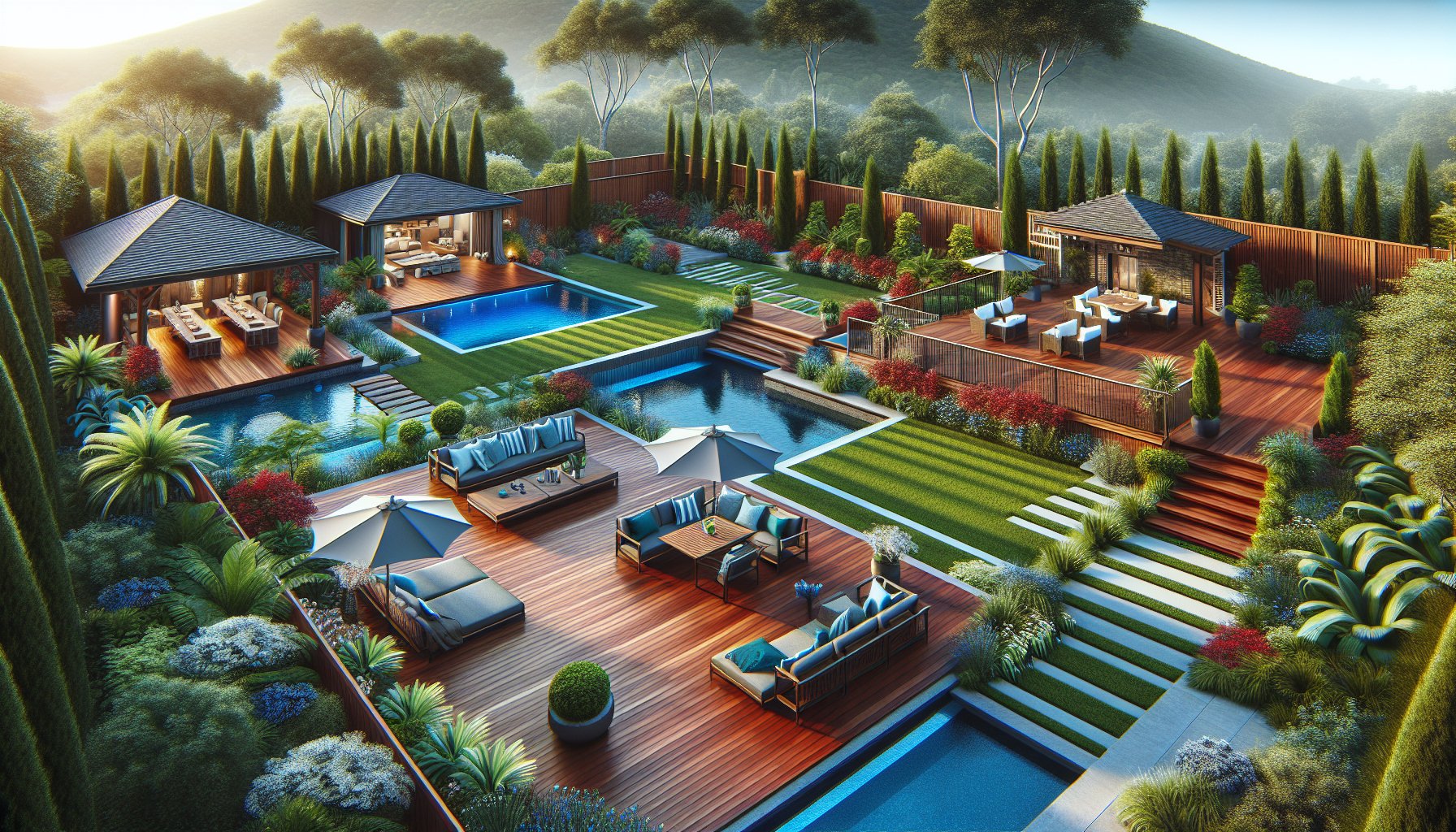 Luxury deck designs for serene outdoor living, featuring custom decks and sustainable landscaping for a relaxing backyard oasis.