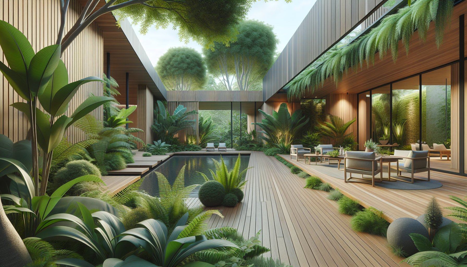 Eco-friendly luxury deck with sustainable materials, showcasing craftsmanship, native plants, and an inviting outdoor sanctuary.