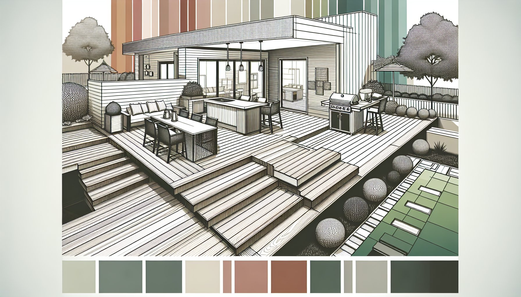 Top 10 residential deck installation trends for 2025 featuring outdoor kitchens, multi-level decks, composite decking, and eco-friendly materials.