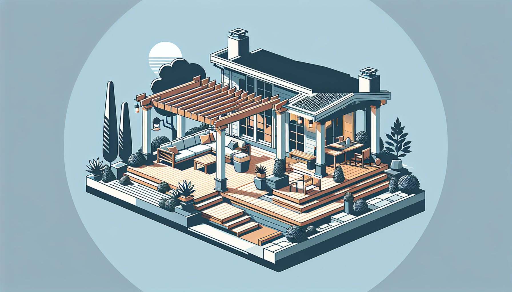 Stylish pergola design enhances a custom deck, creating a sustainable outdoor living space and a tranquil backyard sanctuary.