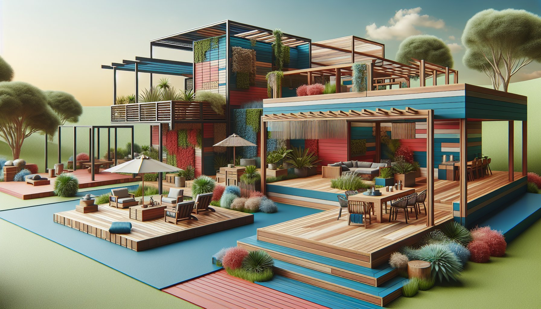 Eco-friendly decks and pergolas using sustainable materials like recycled composite and reclaimed wood by Custom Decks LLC.