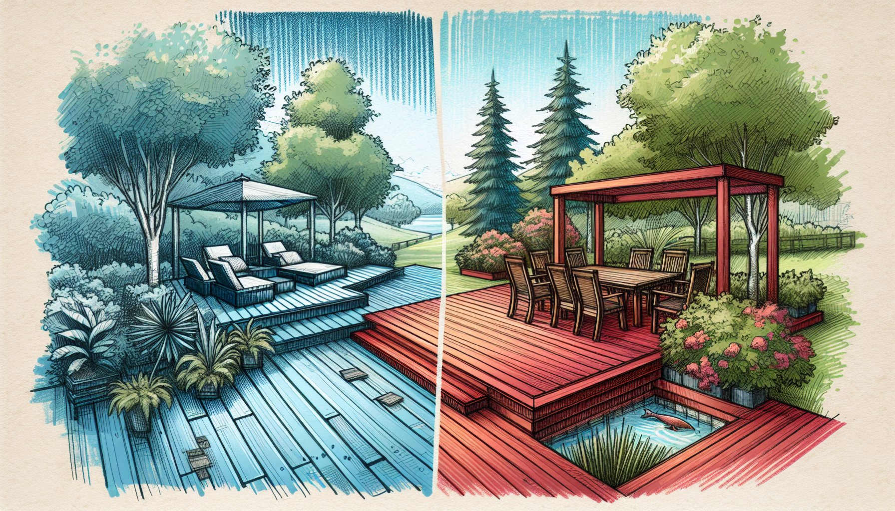 Comparison of composite and wood decking for outdoor living spaces, focusing on maintenance and eco-friendly materials.
