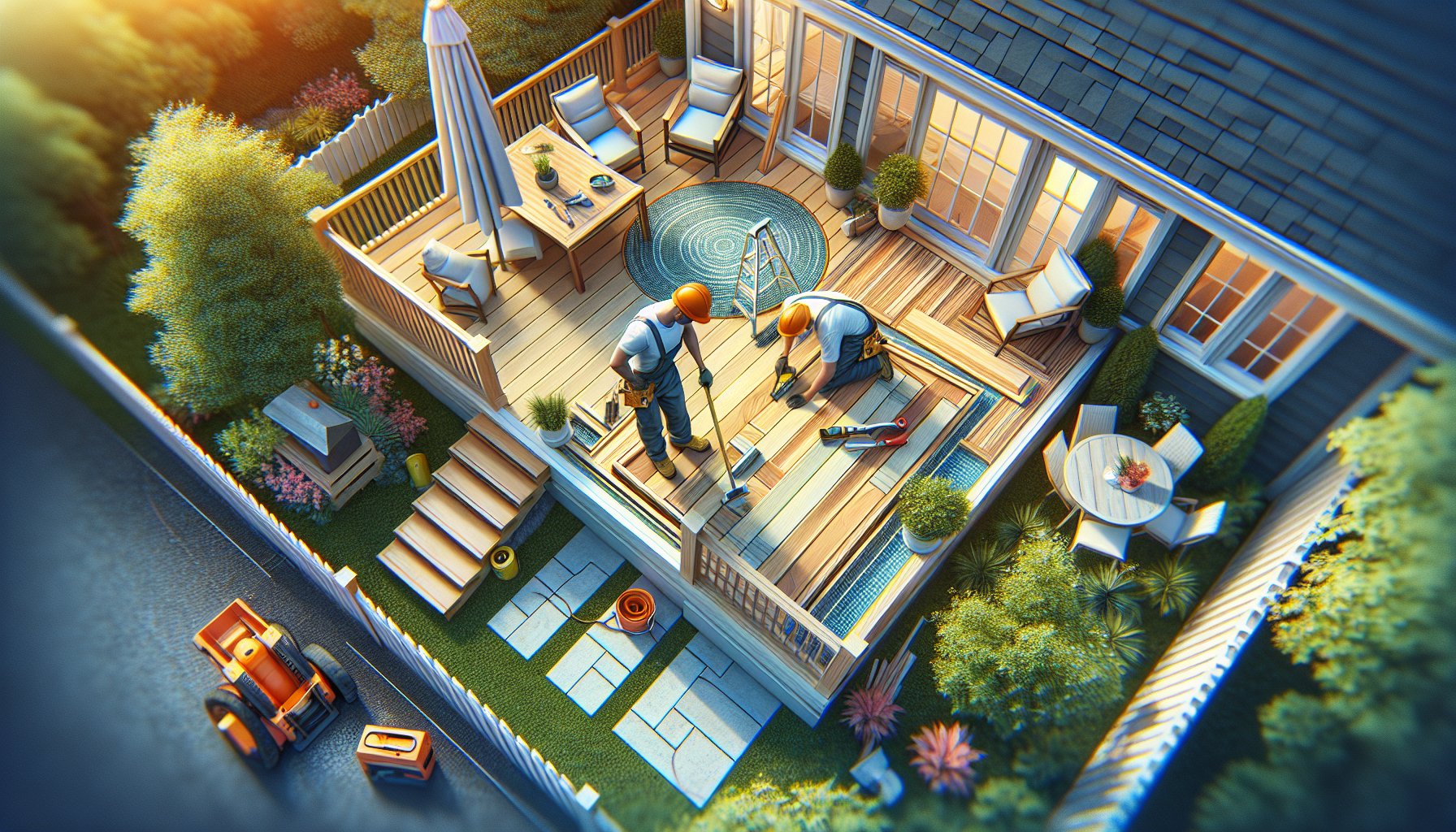 Safety tips for custom deck installation, highlighting safety gear and practices for home improvement outdoor living projects.