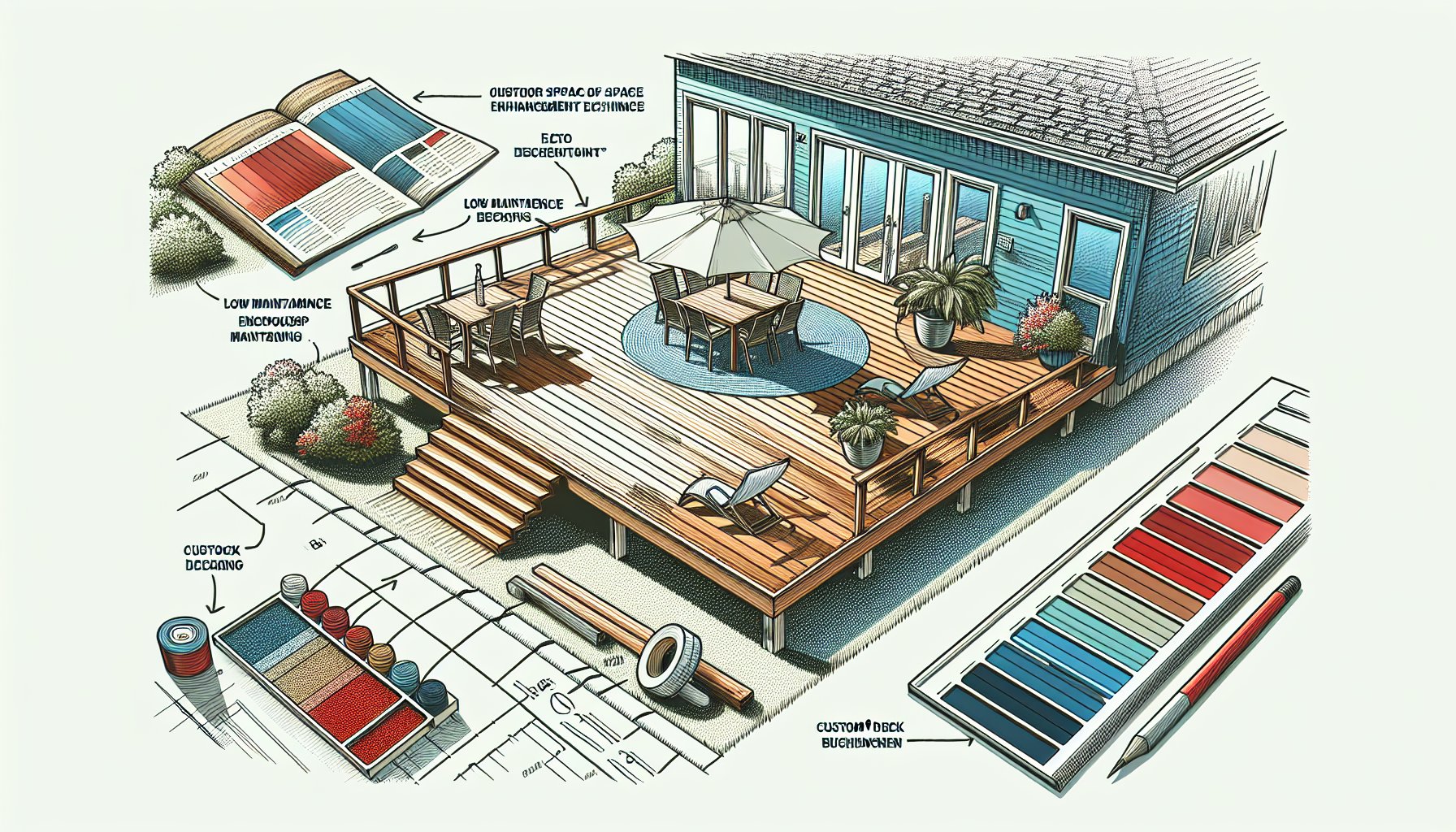 Composite decking guide highlighting benefits, features, and eco-friendly options for enhancing outdoor spaces by Custom Decks LLC.