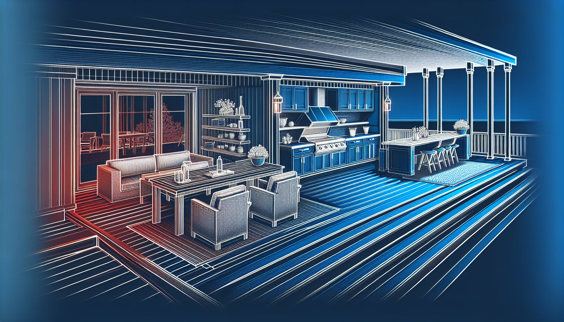 Trendy luxury deck design for 2025 featuring composite materials, outdoor kitchens, and seamless indoor-outdoor transitions.