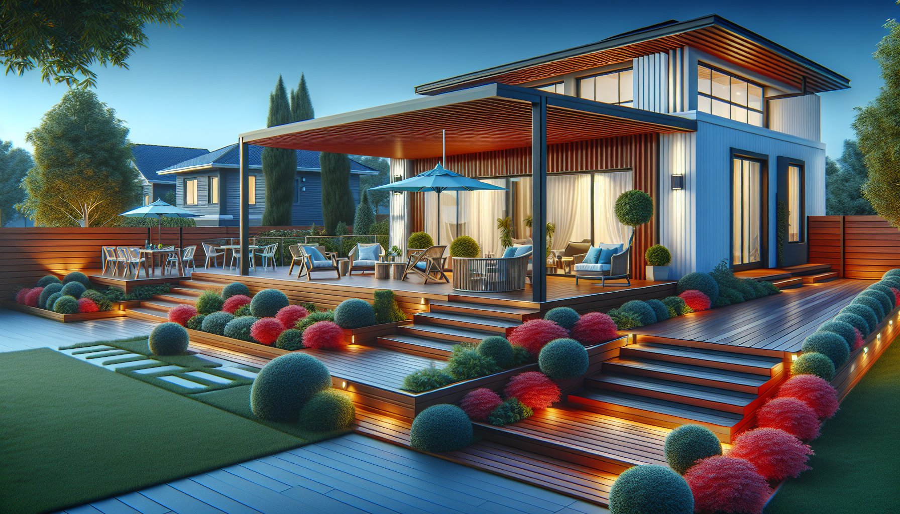 Luxury deck installation showcasing custom design with sustainable materials, enhancing curb appeal and outdoor living investment.