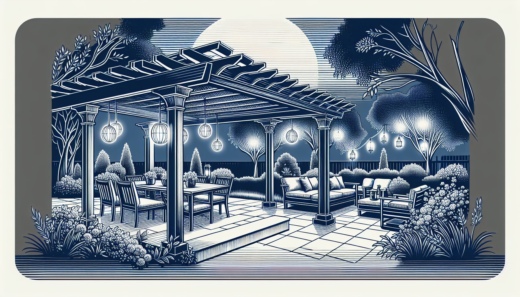 Pergolas enhance outdoor lighting, creating a cozy ambiance for a backyard sanctuary with emotional lighting effects.