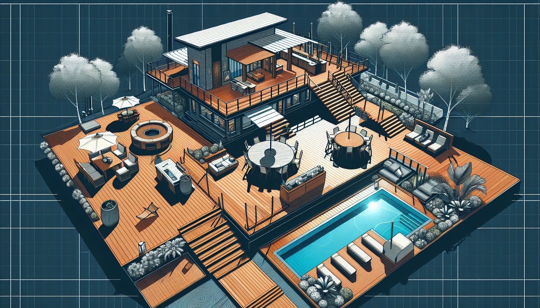 15 luxury deck ideas featuring custom designs, sustainable hardwood, outdoor kitchens, and elegant entertainment spaces.