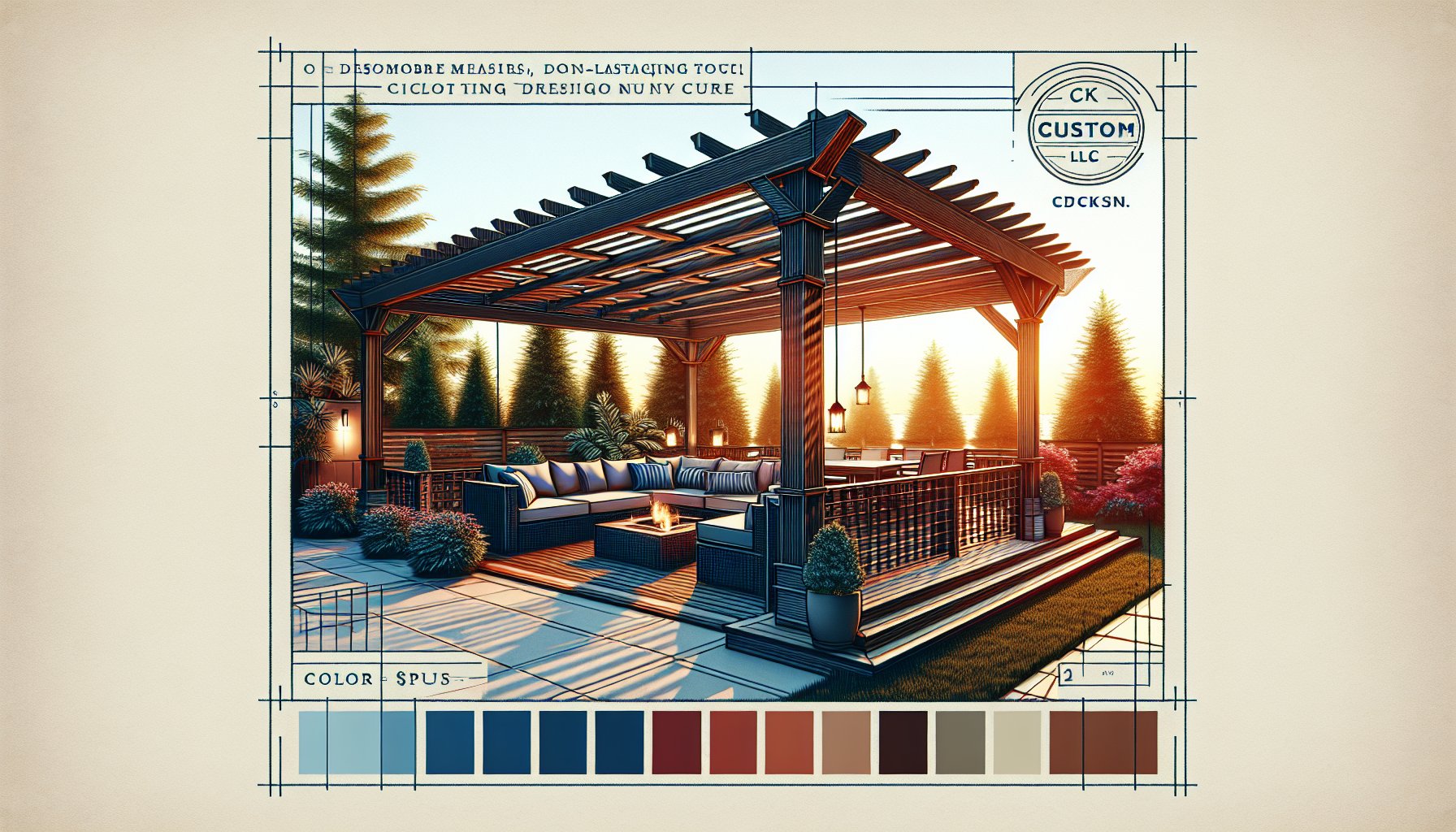 Stylish pergola design by Custom Decks LLC using durable materials for an inviting outdoor living space and backyard oasis.