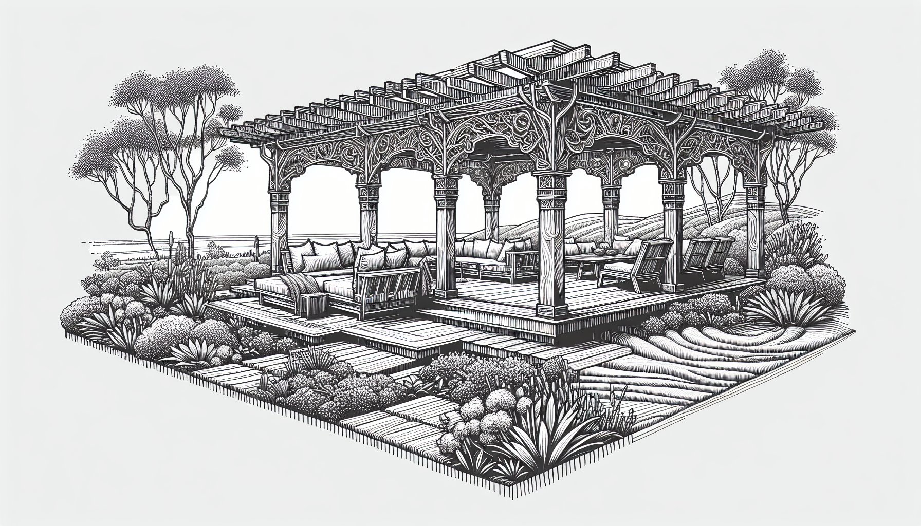 Eco-friendly pergolas made from sustainable materials like reclaimed wood by Custom Decks LLC for enhancing outdoor living spaces.