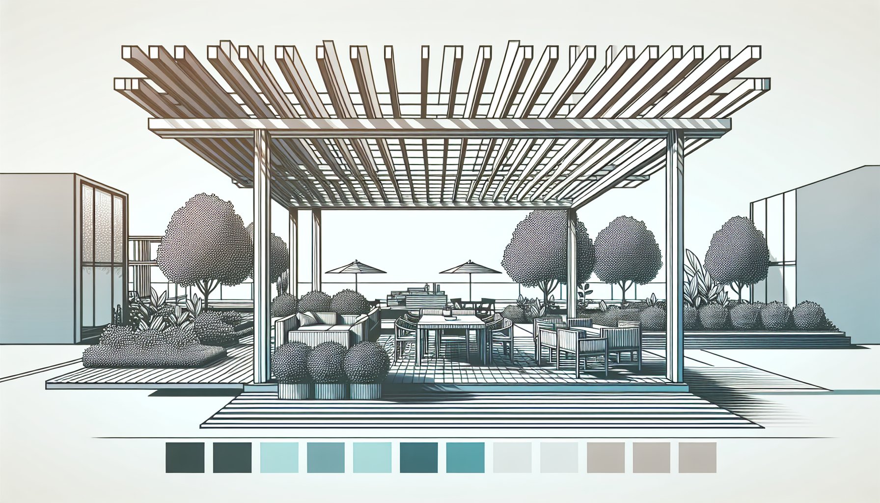 Modern pergolas featuring sustainable materials and biophilic design for customized smart outdoor living spaces in 2025.