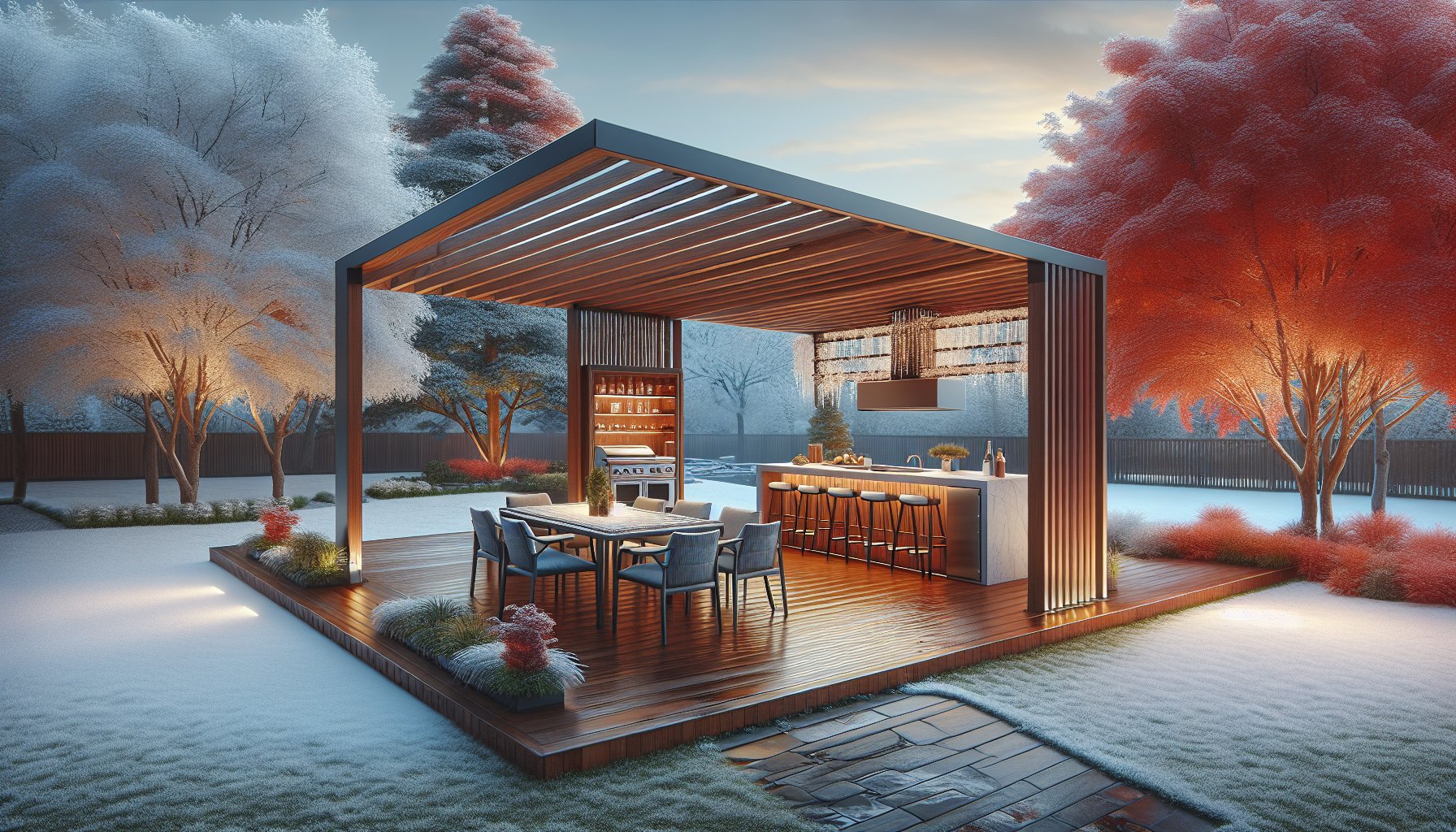 Modern pergola enhancing an outdoor kitchen, showcasing customizable design for seasonal transformations in an outdoor living space.