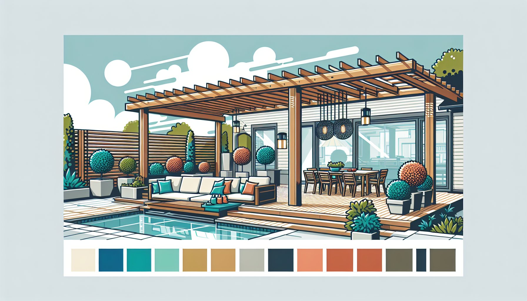 Modern pergola accessories enhancing outdoor living spaces with custom designs, lighting solutions, and patio privacy features.