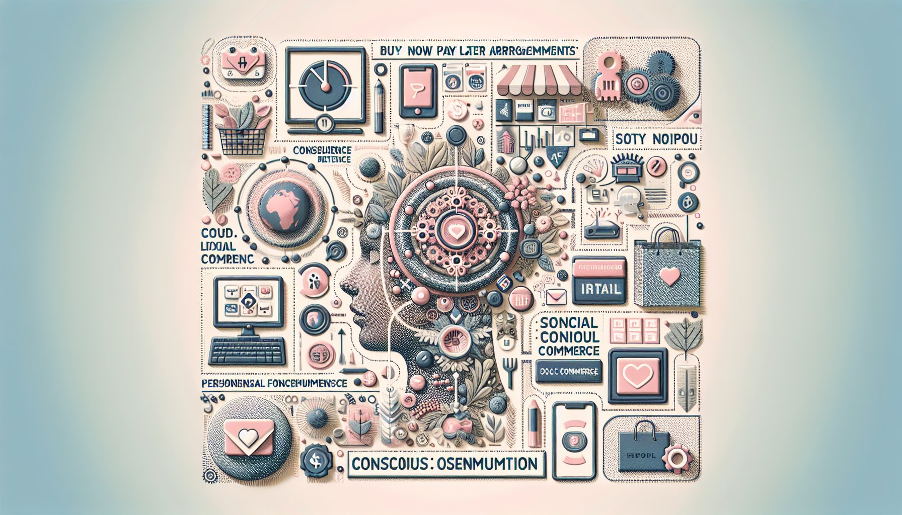 Infographic on 2025 consumer behavior trends: buy now pay later, social commerce, conscious consumption, and retail personalization.