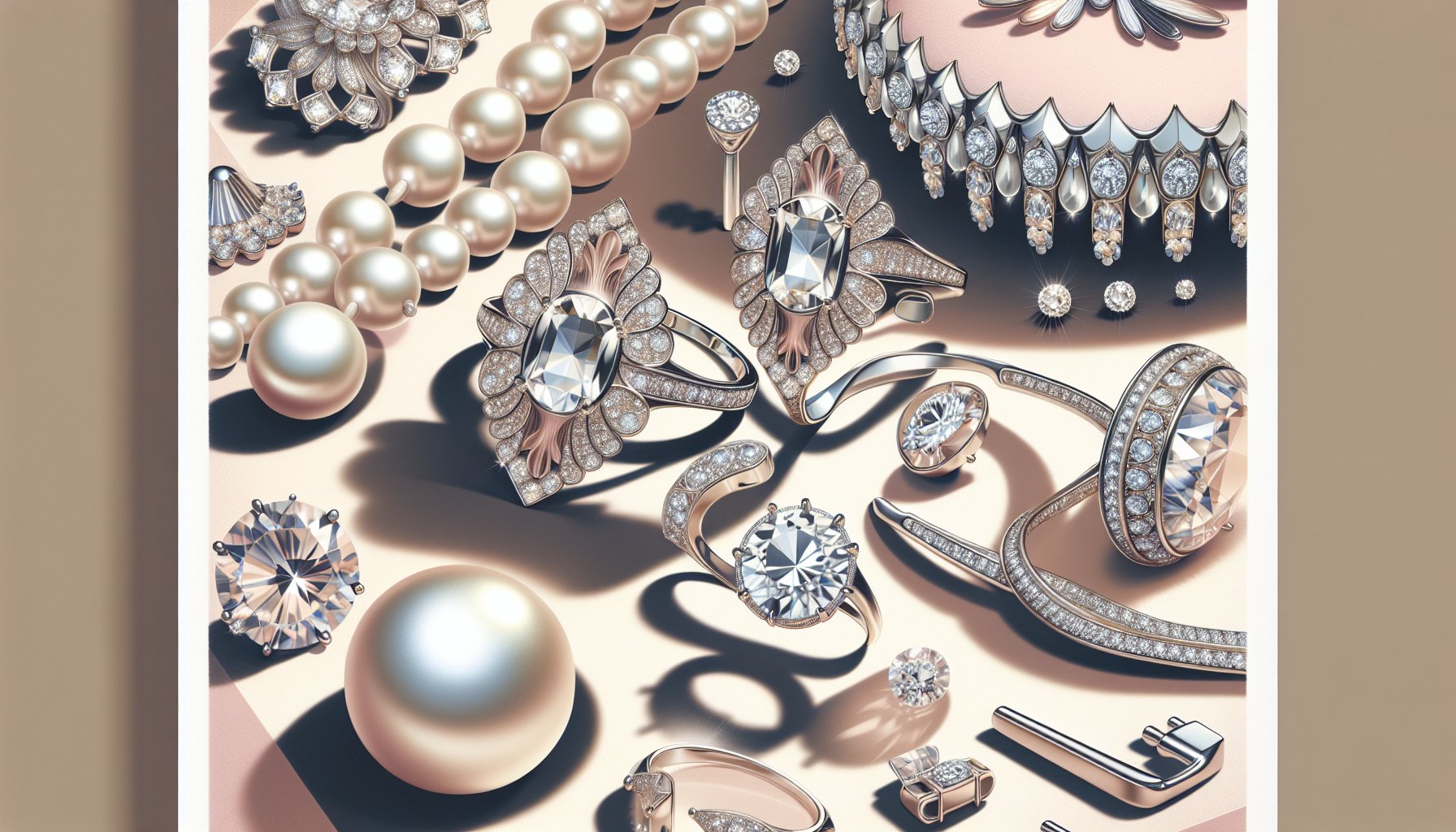 Timeless jewelry essentials: Tiffany Victoria earrings, diamond solitaire rings, classic pearl necklace, and sustainable pieces.