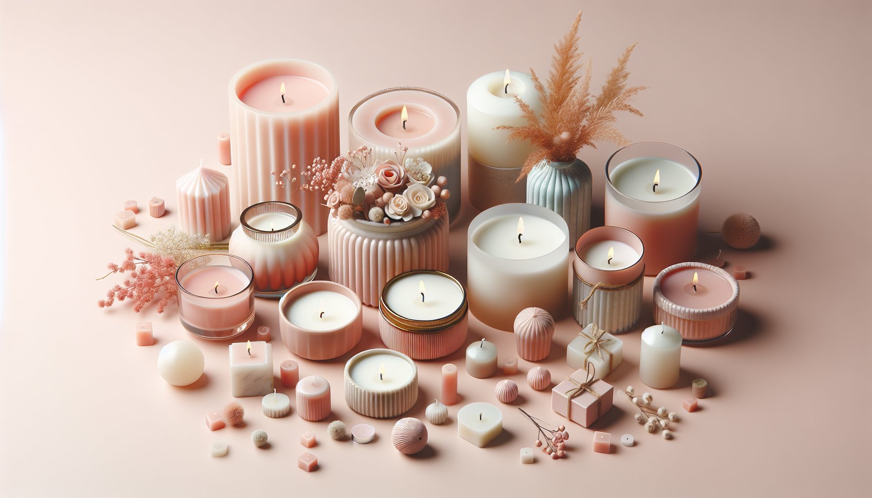 A selection of eco-friendly, scented, and personalized candles for various events and decorative purposes.