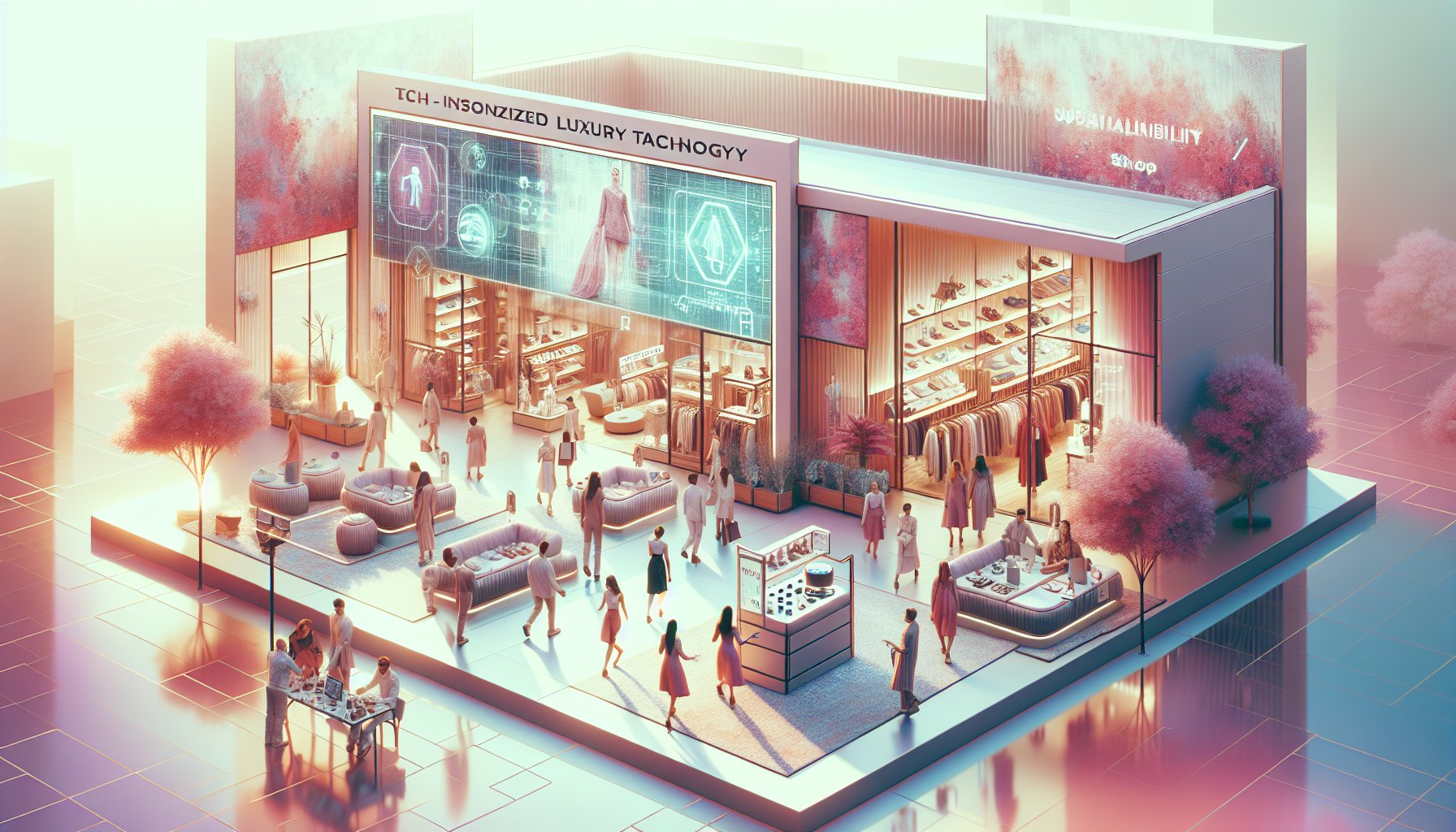 Luxury fashion concept store showcasing tech-infused, sustainable designs and personalized shopping in a community-focused environment.